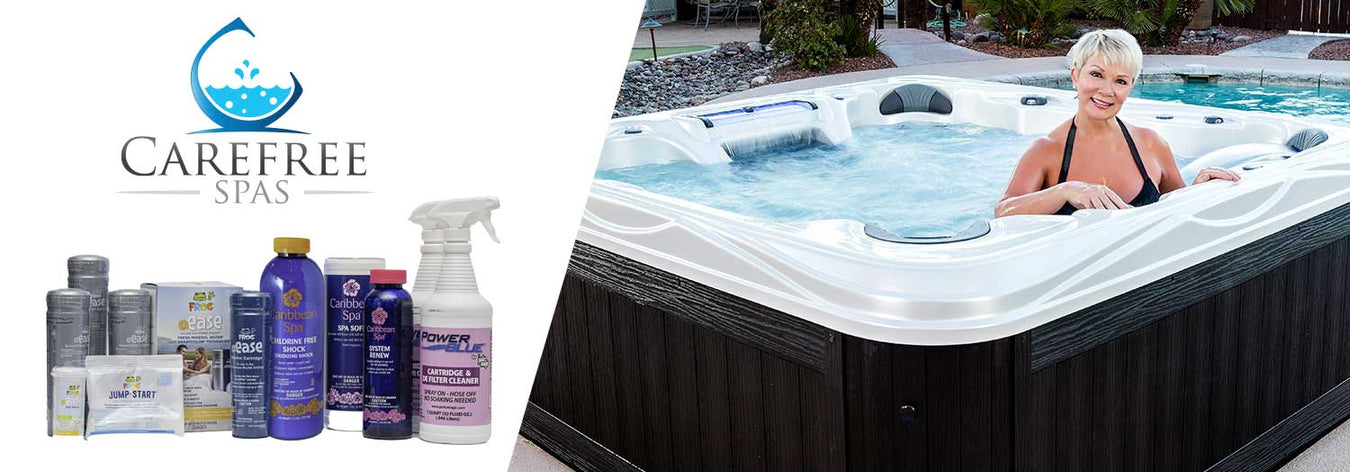 woman in a hot tub next to hot tub water treatment supplies