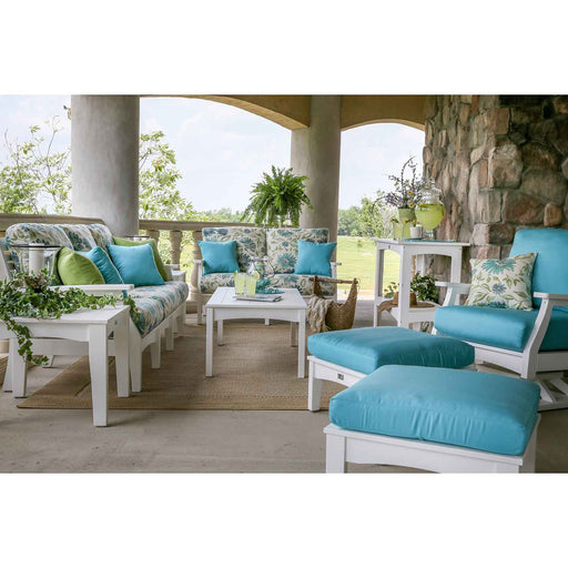 White frame outdoor sofa set with aqua blue cushions