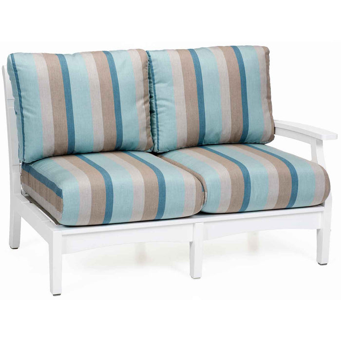 White Poly lumber outdoor lounge left arm love seat section with striped cushions for classic terrace sectional set by berlin gardens