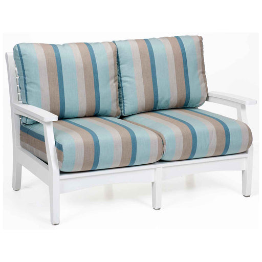 White poly lumber outdoor lounge loveseat with striped cushions by berlin gardens