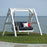 Loveseat Swing with navy blue cushions hanging from a vinyl A-Frame