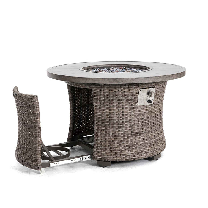 fire pit with aluminum top and woven base and open propane compartment